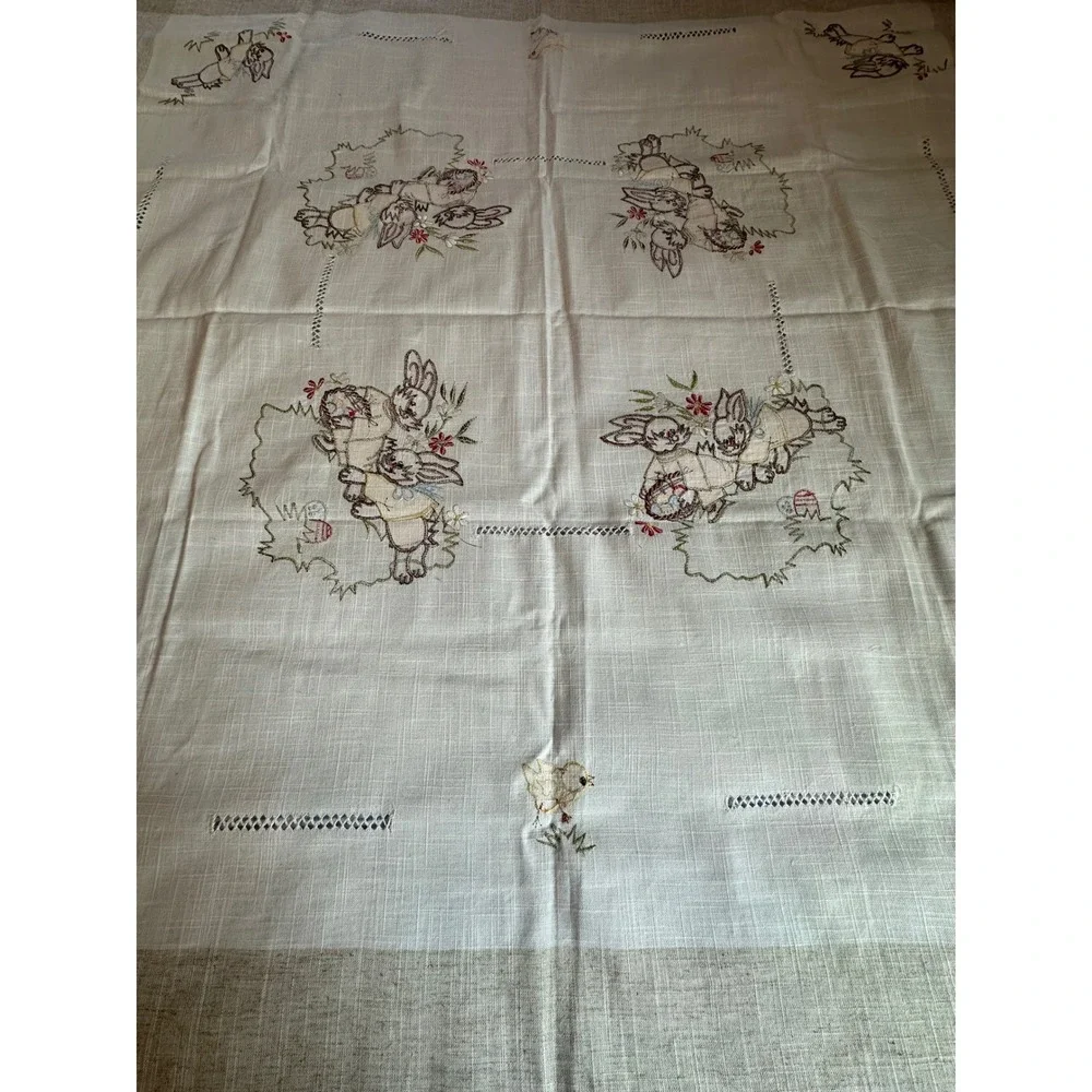 Easter Bunny Tablecloth 50x50 White Beige Embroidered Spring